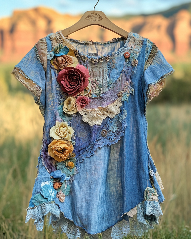 Summer Floral Lace Patchwork Shirt fa88