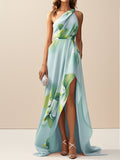 Pink Floral One-Shoulder Slit A-Line Gown