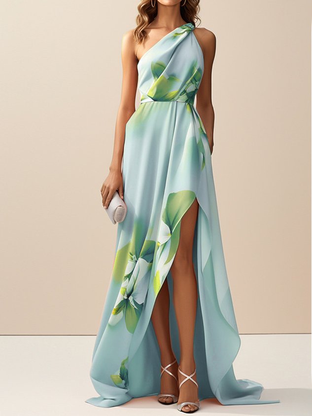 Pink Asymmetric Floral Classic One Shoulder Sleeveless A-Line Maxi Dress
