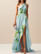 Pink Asymmetric Floral Classic One Shoulder Sleeveless A-Line Maxi Dress