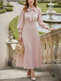 Midi Linen Dress, Half Sleeve, Plain, Lace, French Vintage, Pink