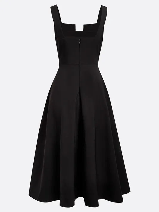 Black Buckle Notched Sleeveless A-Line Midi Dress With Pockets