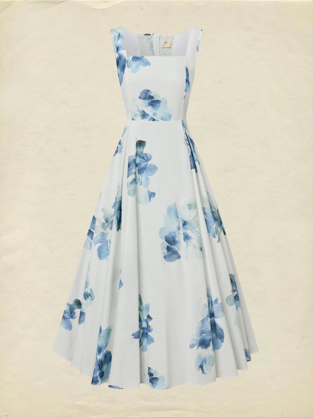Maxi Cotton Dress, Sleeveless, Square Neck, Floral, Pocket Design, Vacation, Vintage, White