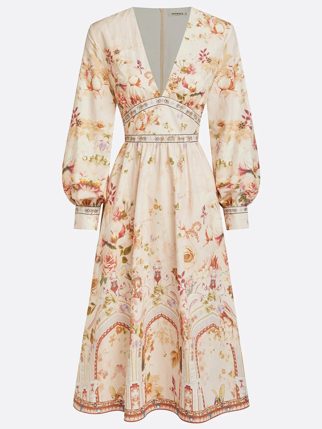 Apricot Floral Ruched Classic V Neck Long Sleeve Puff Sleeve A-Line Midi Dress