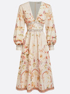 Apricot Floral Ruched Classic V Neck Long Sleeve Puff Sleeve A-Line Midi Dress