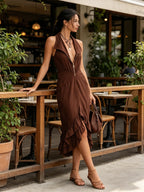 Chocolate Brown Cotton-Linen Blend Halter Neck Zip-Front Ruffle Midi Dress