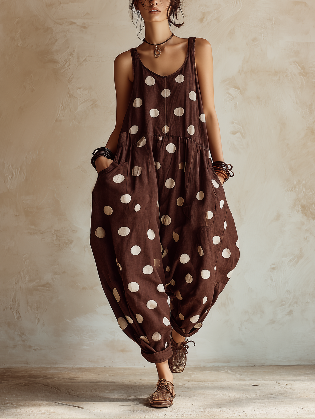 Brown Polka Dot Linen-Blend Loose Sleeveless Jumpsuit