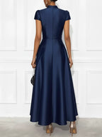 Navy Blue Satin Stand Collar Short Sleeve A-Line Maxi Dress