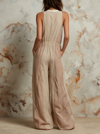 Striped Linen-Cotton Halter Wide-Leg Jumpsuit