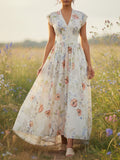 Maxi Cotton Dress, Cap Sleeves, V Neck, Floral, Lace, Vintage, Red