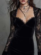 Retro Sweetheart Neckline Lace Long-sleeved Polyester Velvet Mini Dress