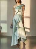 Light Green Ombre Satin Dress with Asymmetric Ruffles