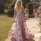 Boho Purple Roses Embroidered Long Sleeve Flowy Maxi Dress
