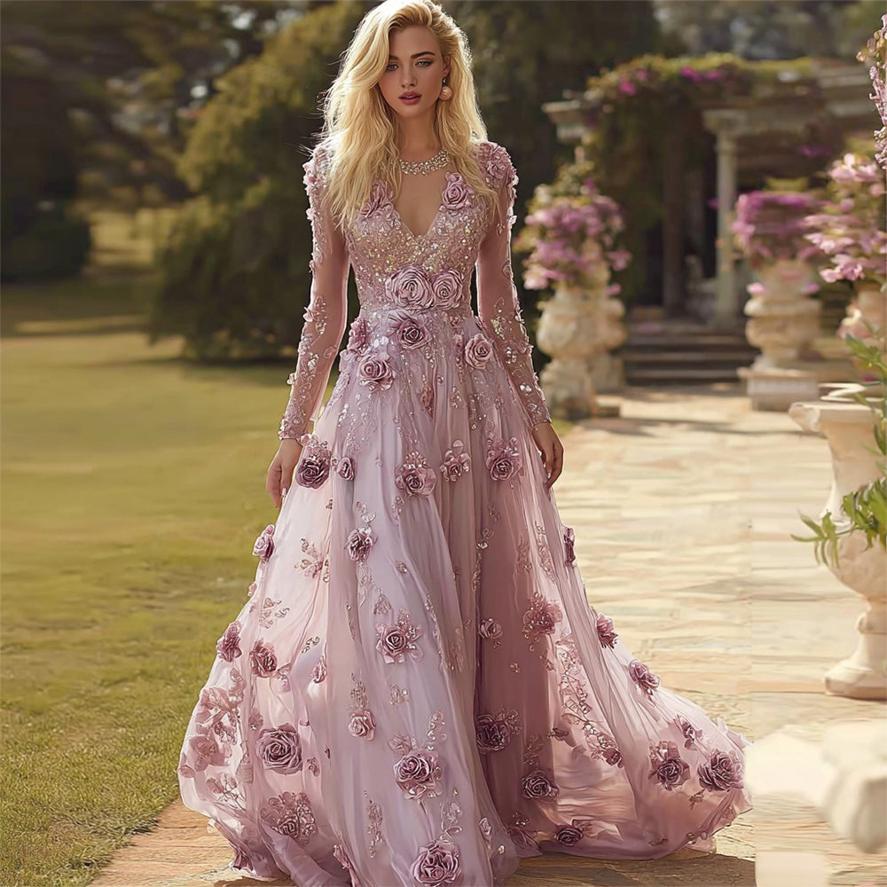 Boho Purple Roses Embroidered Long Sleeve Flowy Maxi Dress
