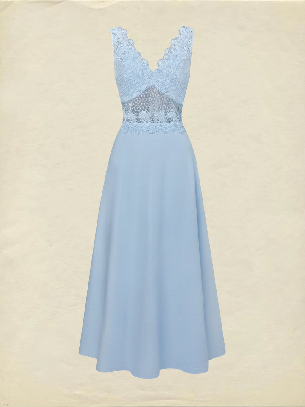 Maxi Cotton Dress, Sleeveless, V Neck, Plain, Lace, French Vintage, Blue