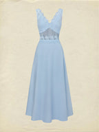 Maxi Cotton Dress, Sleeveless, V Neck, Plain, Lace, French Vintage, Blue