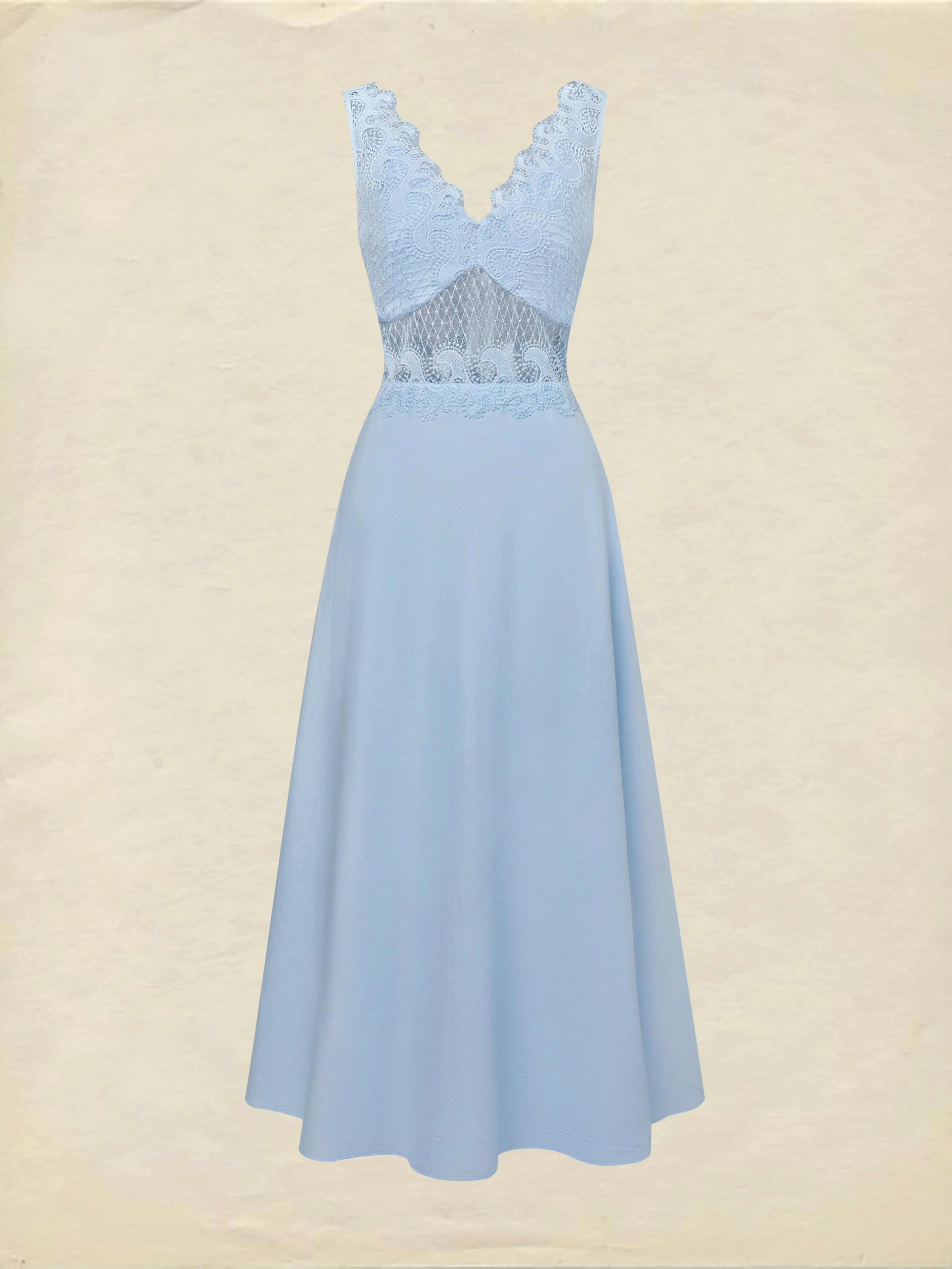 Maxi Cotton Dress, Sleeveless, V Neck, Plain, Lace, French Vintage, Blue