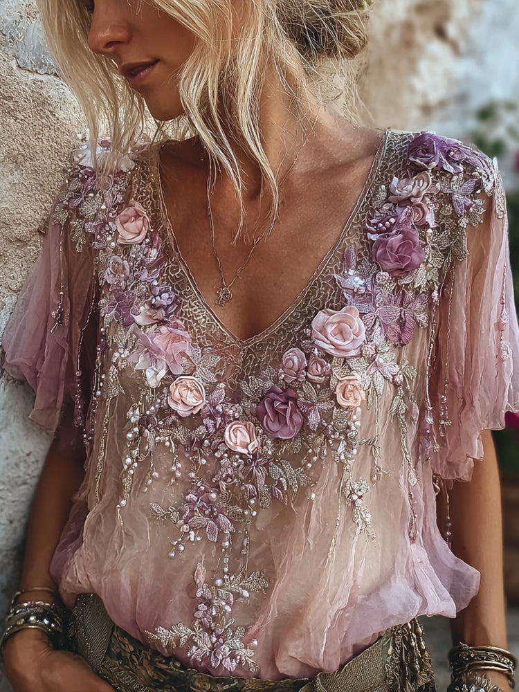 Vintage Purple Rose Embroidered Linen Short Sleeve V-neck Top