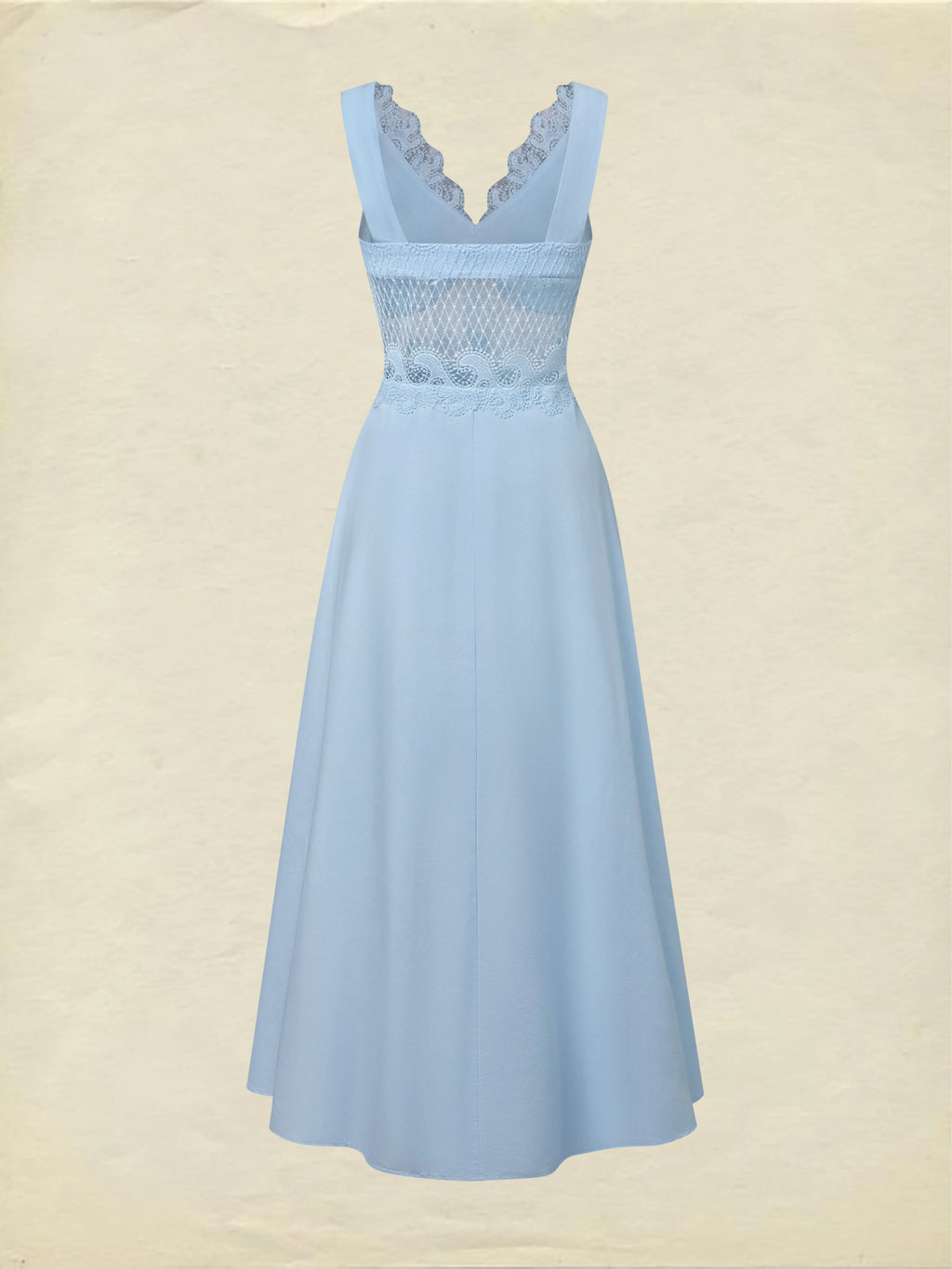 Maxi Cotton Dress, Sleeveless, V Neck, Plain, Lace, French Vintage, Blue