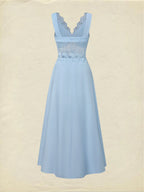 Maxi Cotton Dress, Sleeveless, V Neck, Plain, Lace, French Vintage, Blue