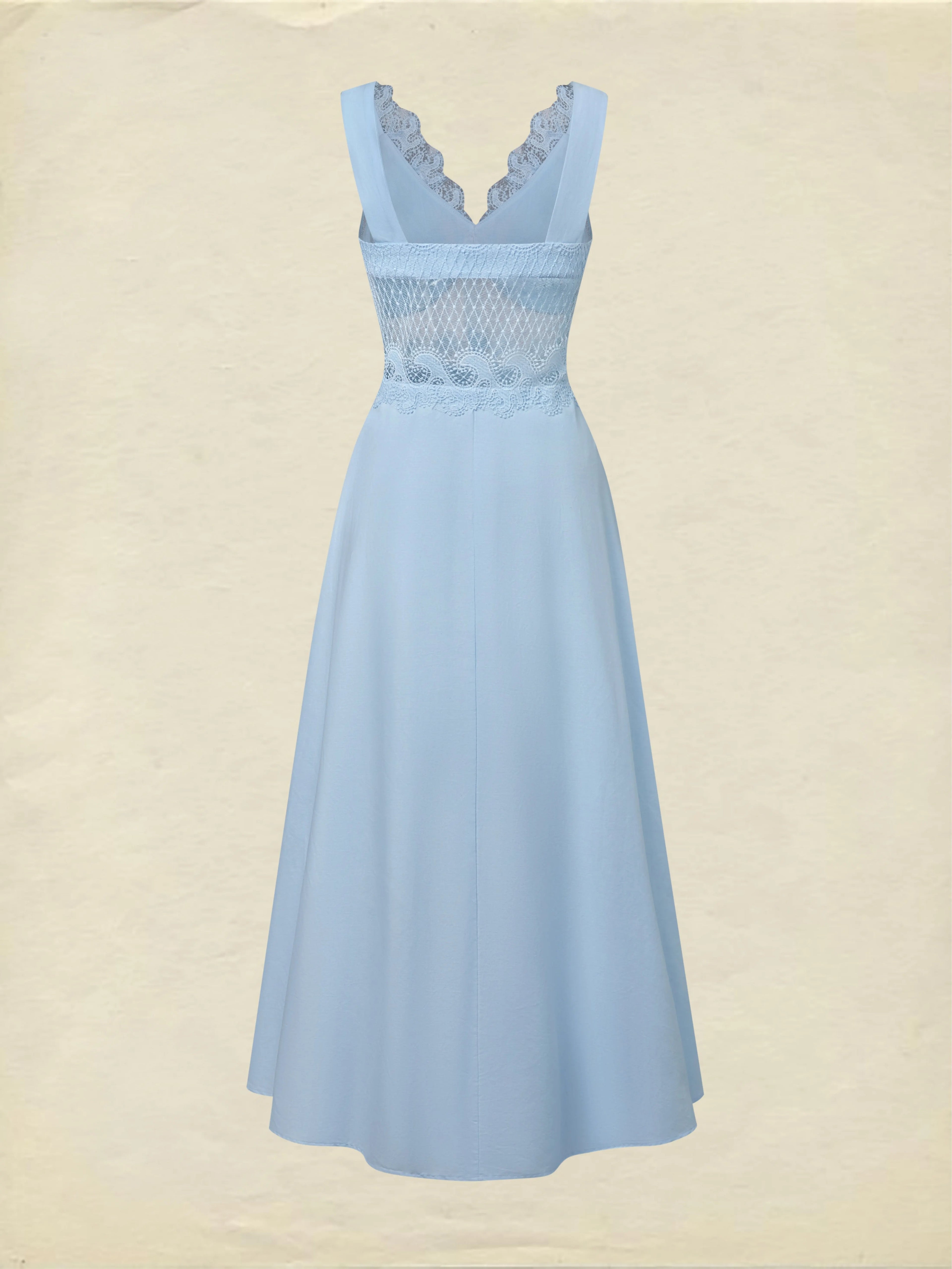 Maxi Cotton Dress, Sleeveless, V Neck, Plain, Lace, French Vintage, Blue