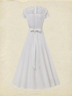 Midi Cotton Dress, Short Sleeves, Plain, Lace, Vacation, Vintage, White