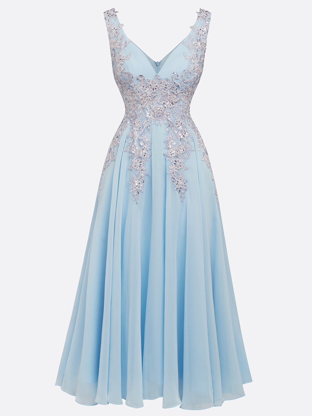 Light Blue Sequin Lace Asymmetric Chiffon V Neck Sleeveless A-Line Maxi Dress