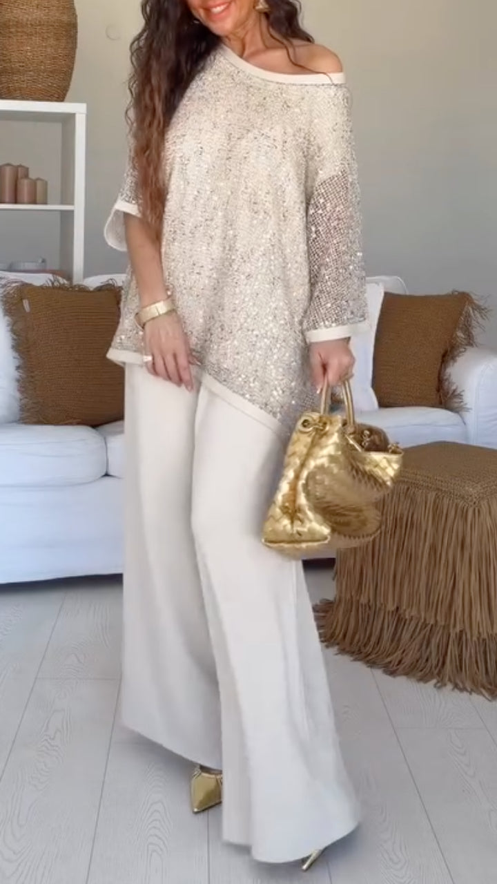 Women's Sequined Mesh Drop-Shoulder Top + Trousers Casual Set