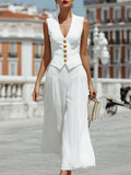 Elegant  V-Neck Gold Button Vest & Flowy Wide Leg Pants Two-Piece Set