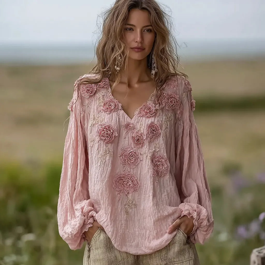 Bohemian Retro Countryside Style Plant Flower Design Cotton And Linen Women's Long-sleeve Shirt