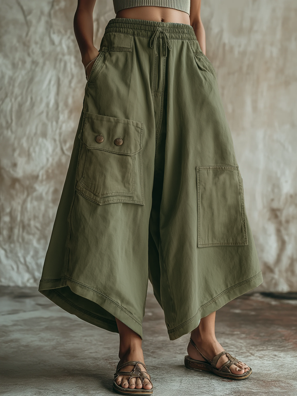 Olive Green Washed Denim Utility Wide-Leg Culottes