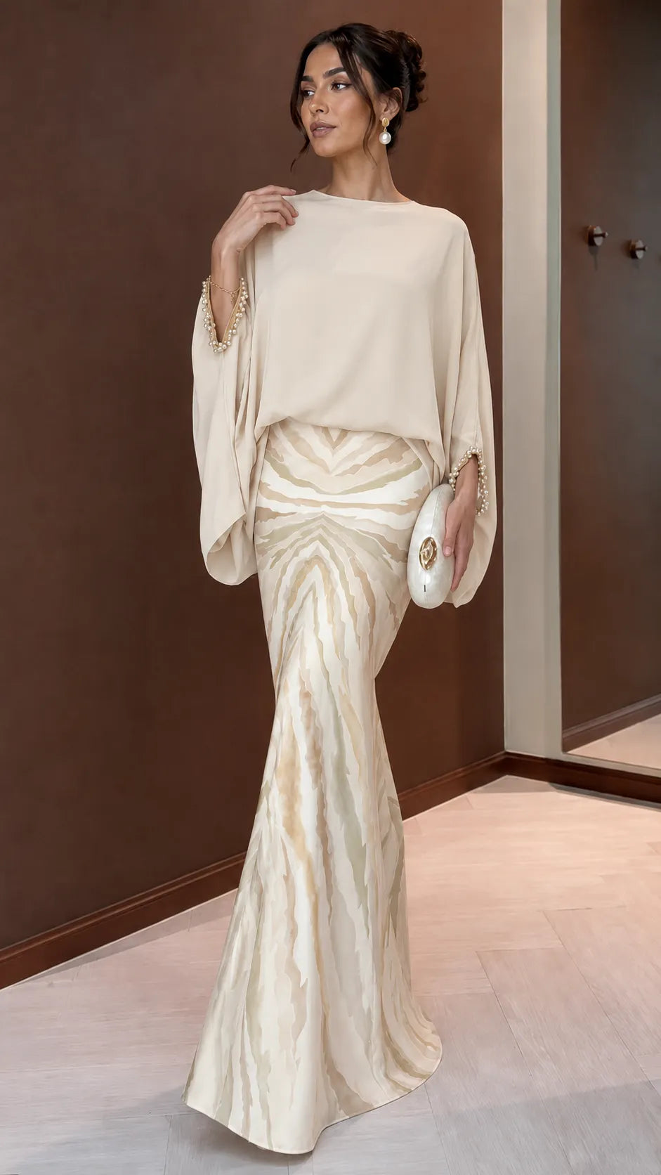 Mustard Batwing Blouse & Printed Satin Mermaid Maxi Skirt Set