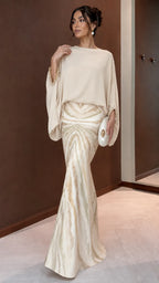 Mustard Batwing Blouse & Printed Satin Mermaid Maxi Skirt Set