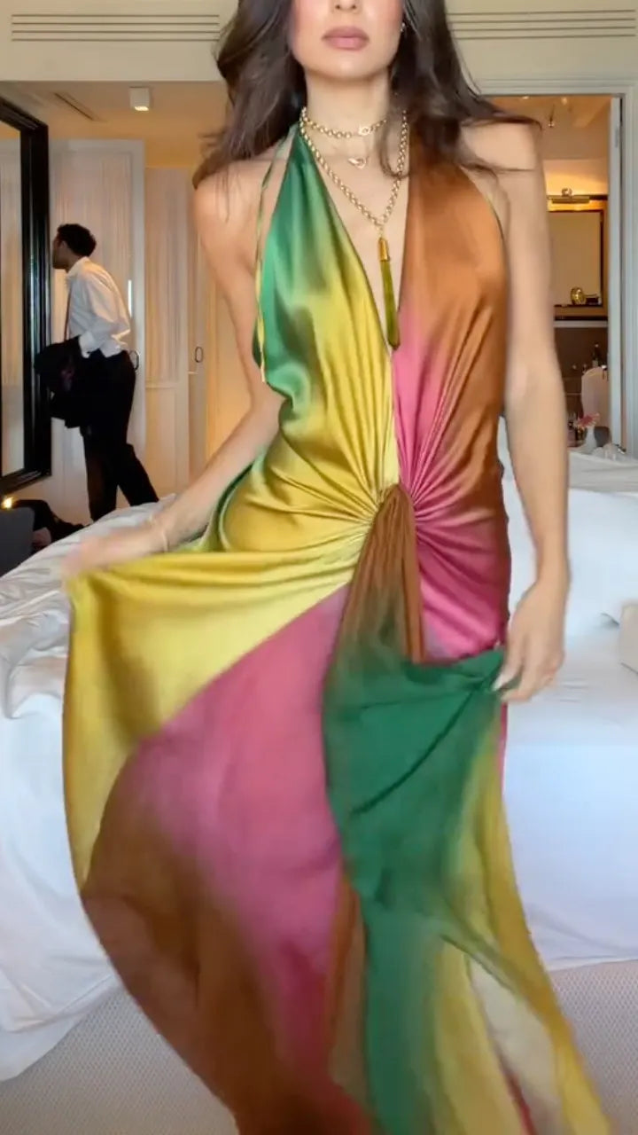 Rainbow Halter Deep V Twist Satin Maxi Dress