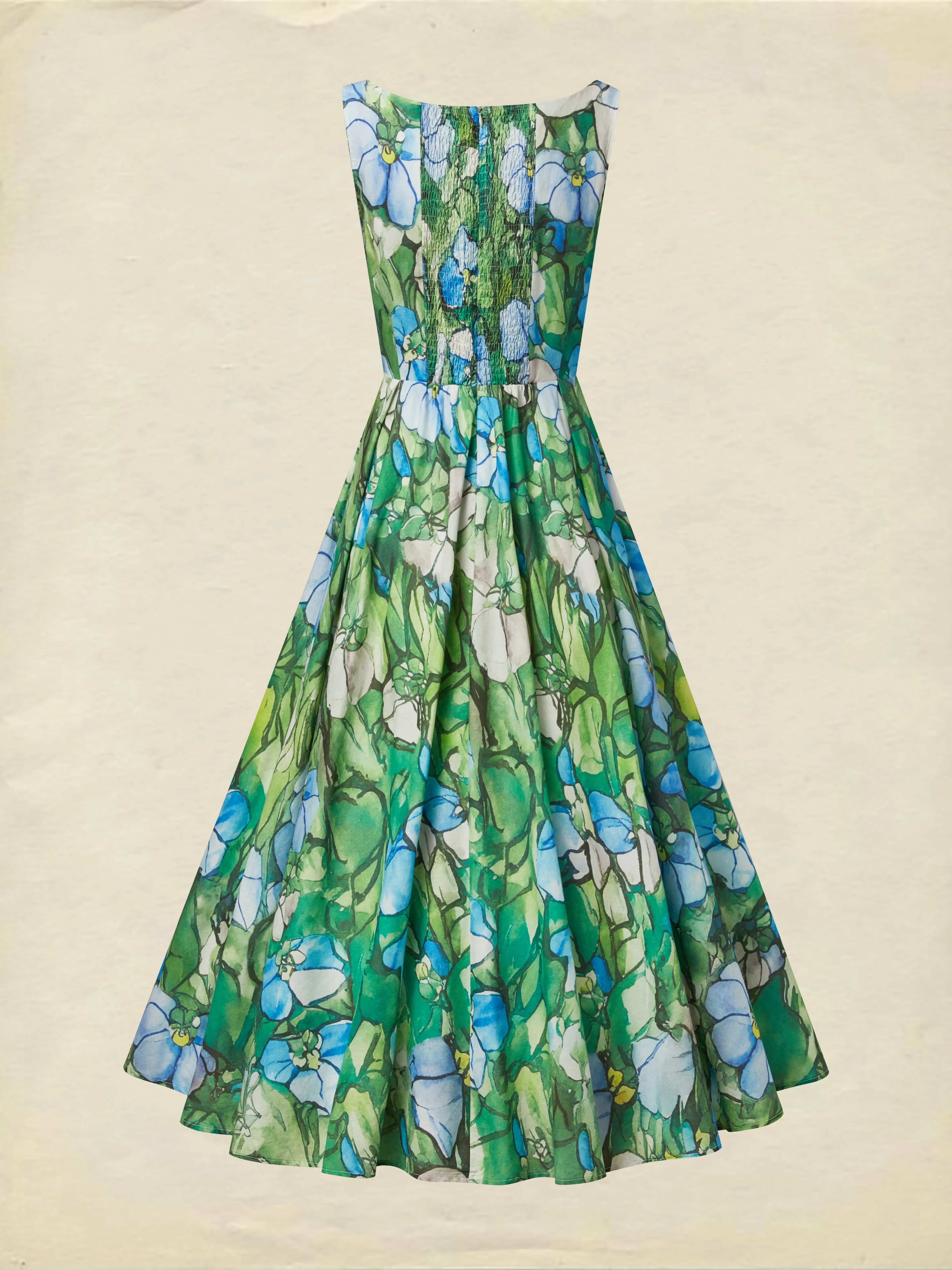 Maxi Linen Dress , Sleeveless, Square Neck, Floral, Church Glass, Vacation, Vintage, Green