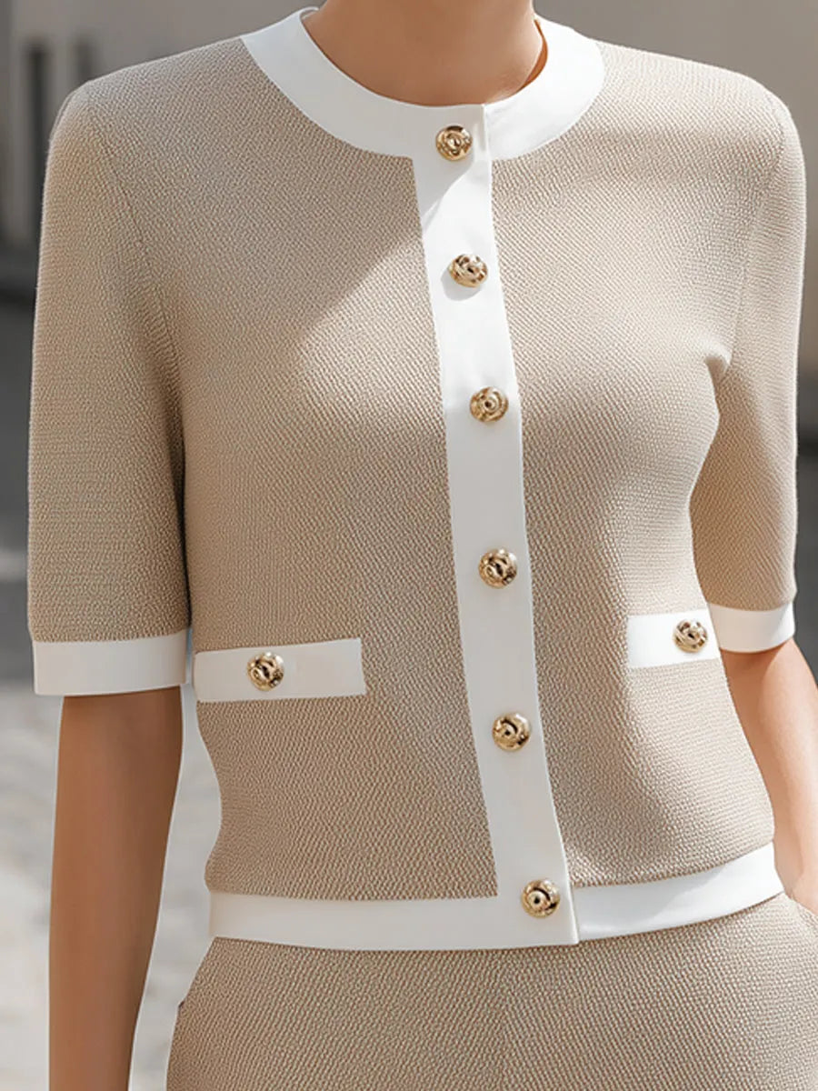 Elegant Contrast Trim Gold Button Two-Piece Short Set