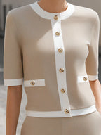 Elegant Contrast Trim Gold Button Two-Piece Short Set