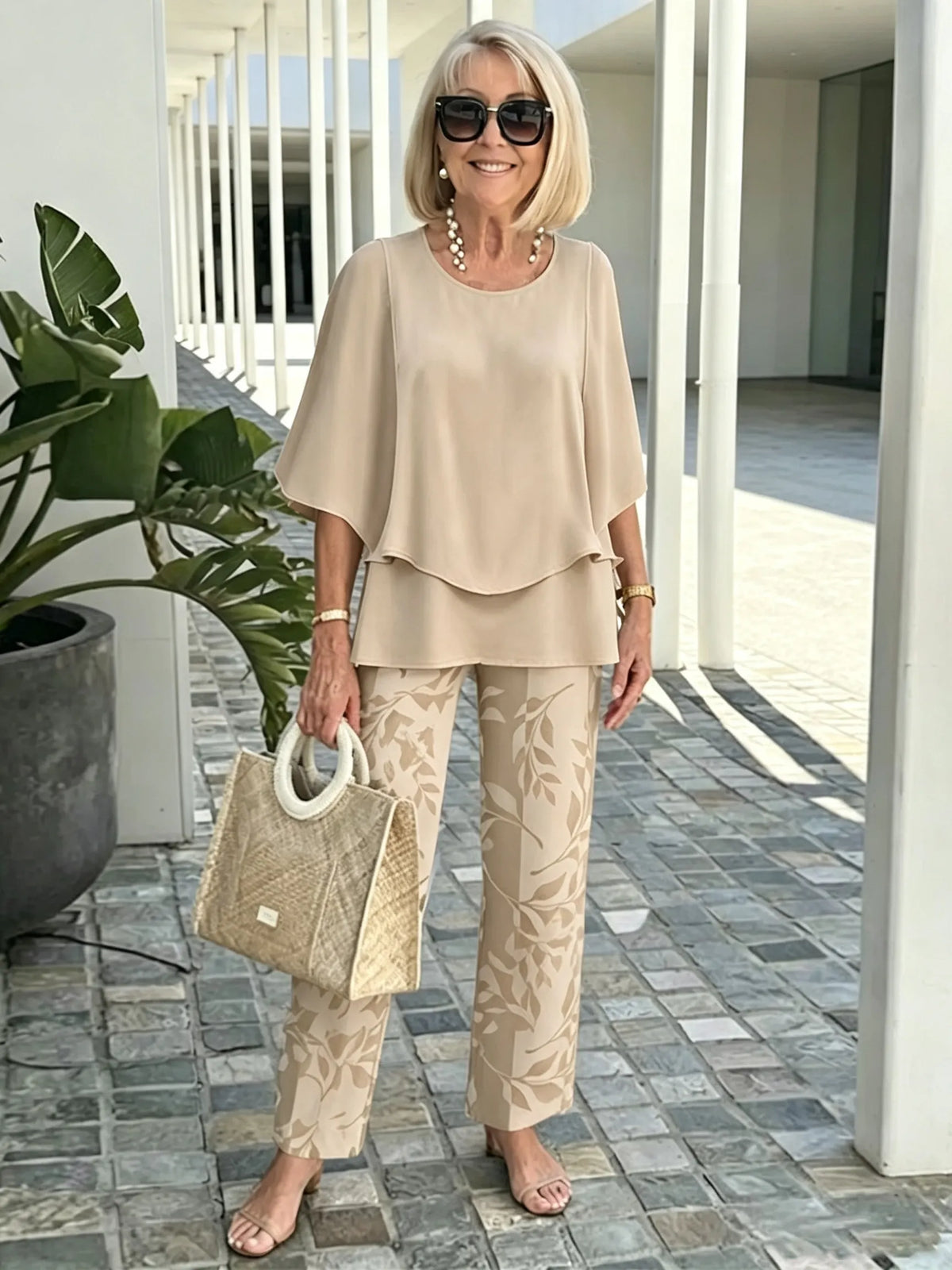 Women's 2 Piece Outfits Set, Crew Neck Flutter Sleeve Layered Blouse & Leaf Print Straight Leg Pants, Casual Loose Matching Two Piece Set for Summer Daily Wear
