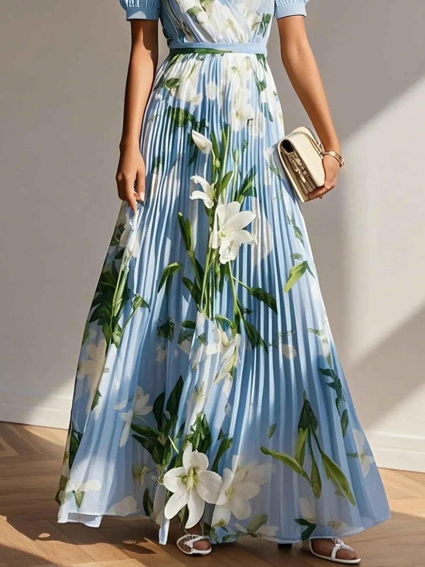 Light Blue Pleated Floral Chiffon V Neck Short Sleeve Balloon Sleeve A-Line Maxi Dress