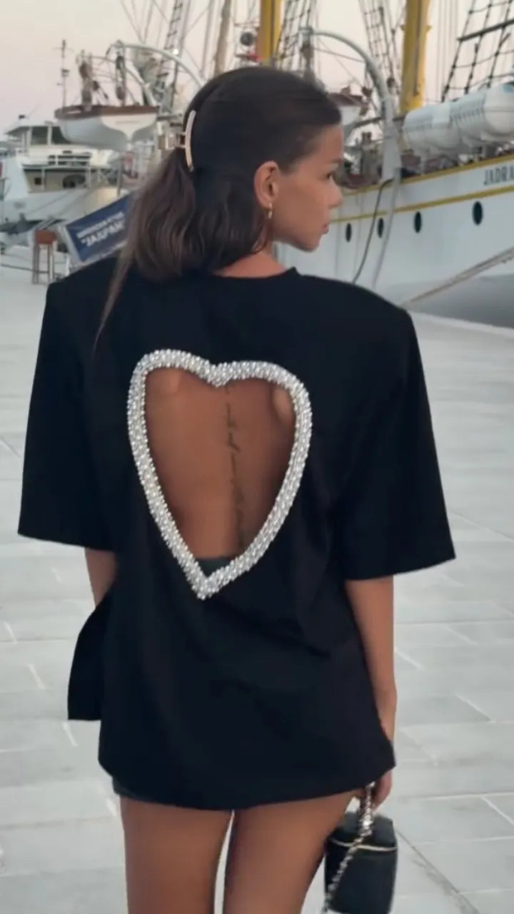 Pearl Heart Cutout Back Oversized T-Shirt
