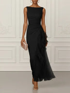 Pink Mesh Ruched Knit Boat Neck Sleeveless Sheath Maxi Dress