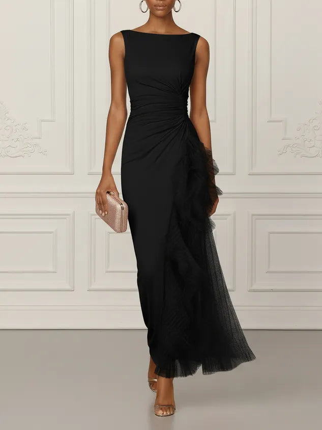 Pink Mesh Ruched Knit Boat Neck Sleeveless Sheath Maxi Dress