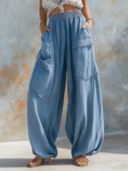 Light Blue Denim High Waist Wide Leg Cargo Pants
