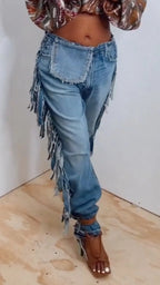 Distressed Fringe Jogger Denim Pants