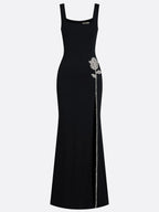 Black Applique Rhinestone Knit Square Neck Sleeveless Sheath Gown Dress