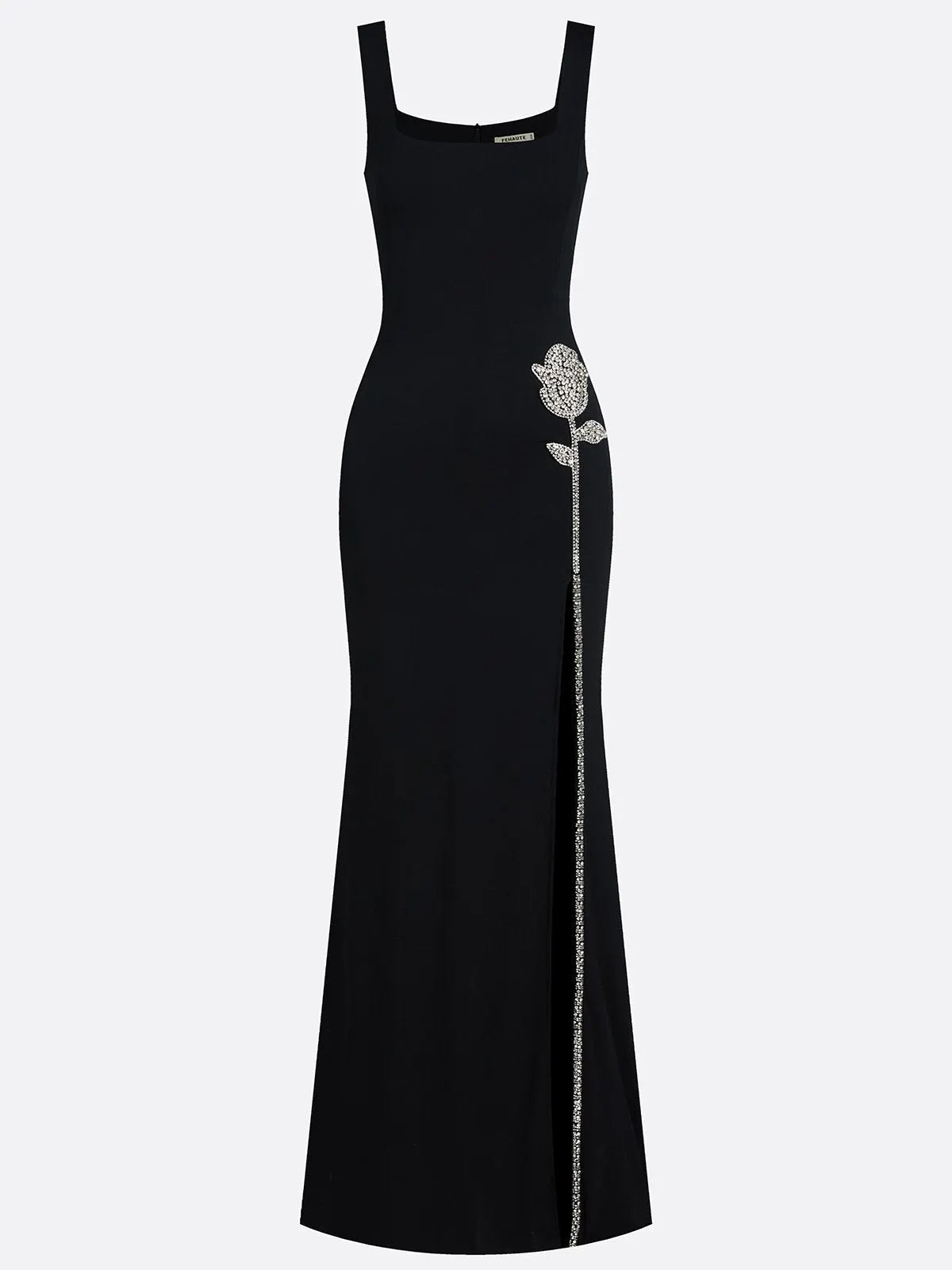Black Applique Rhinestone Knit Square Neck Sleeveless Sheath Gown Dress