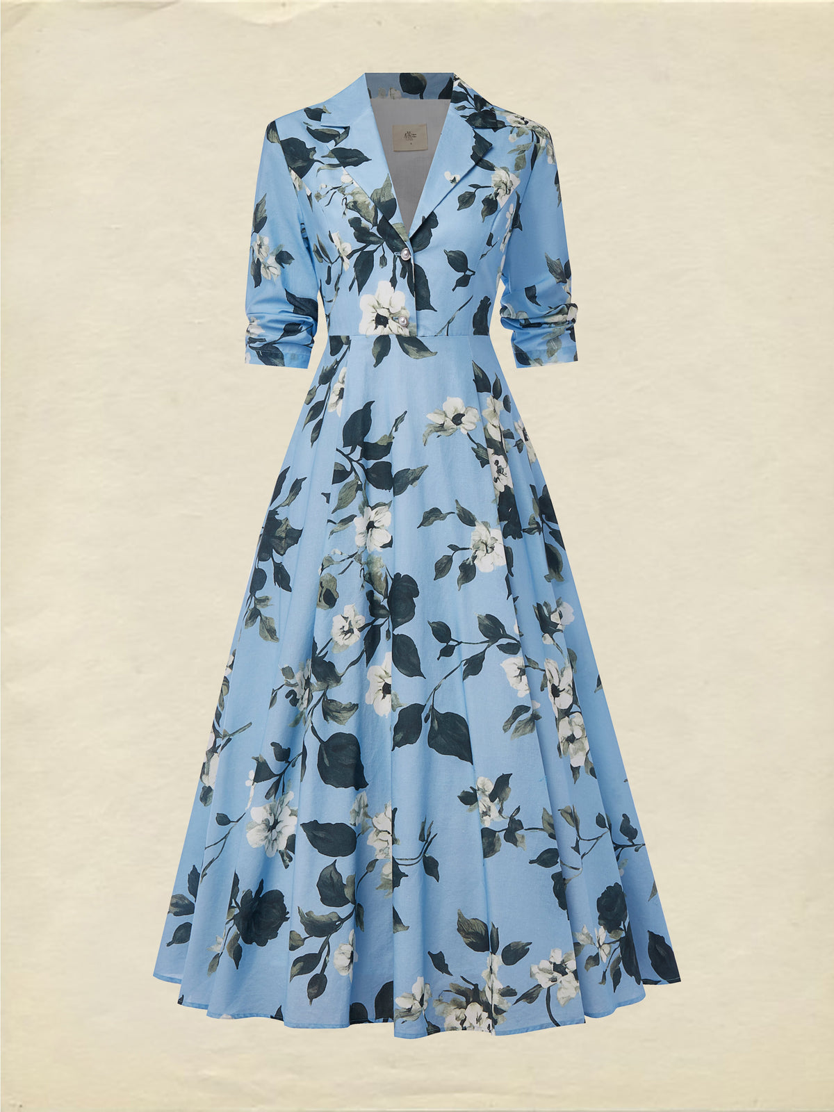 Maxi Linen Dress , Half Sleeve, Lapel Collar, Floral, Vacation, Vintage, Blue