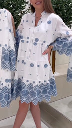 White Blue Embroidery Tiered Shirt Dress