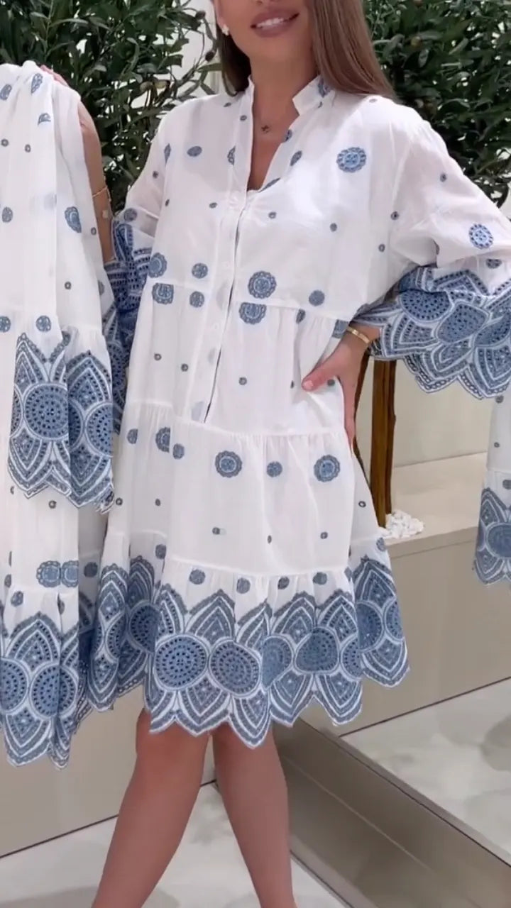 White Blue Embroidery Tiered Shirt Dress