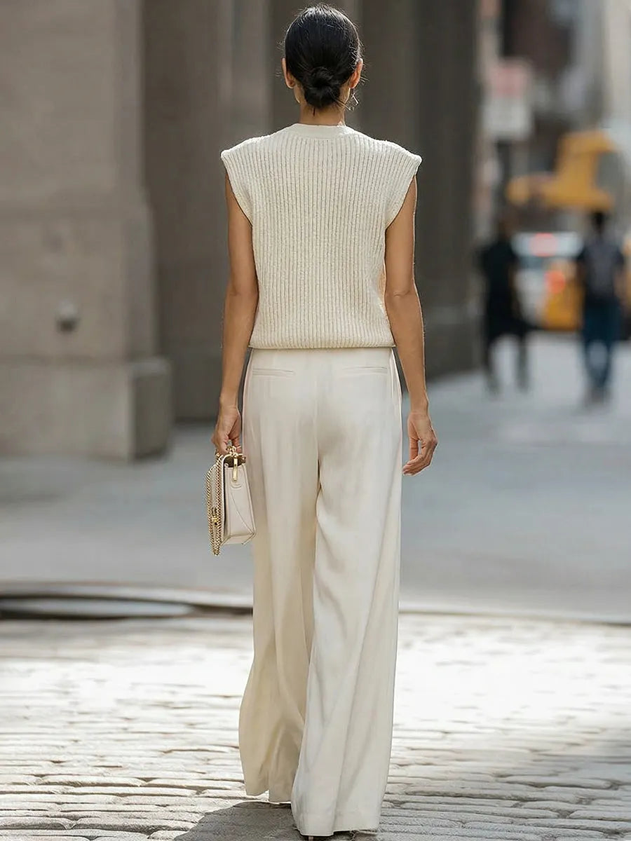 Relaxed V-Neck Knit Vest & Wide-Leg Trousers Set